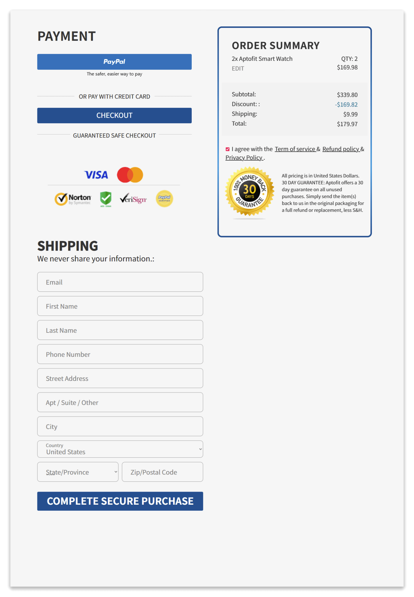 aptofit smartwatch checkout page